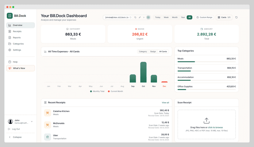 Dashboard mit organisierten Belegen